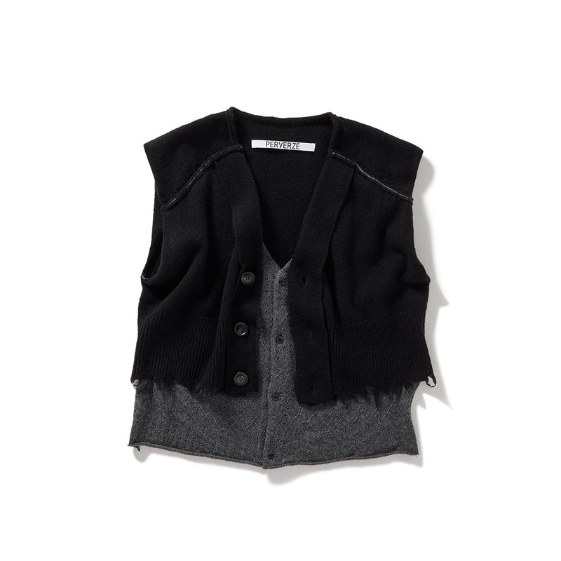 Lambs-wool Layered Knit Vest / Black