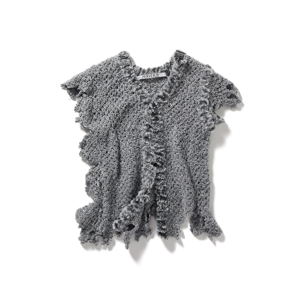Fluffy-trim Mesh Knit Cardigan / Gray