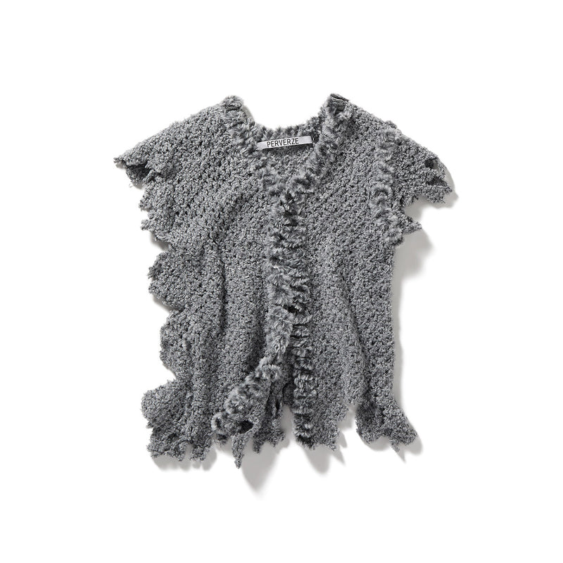 Fluffy-trim Mesh Knit Cardigan / Gray