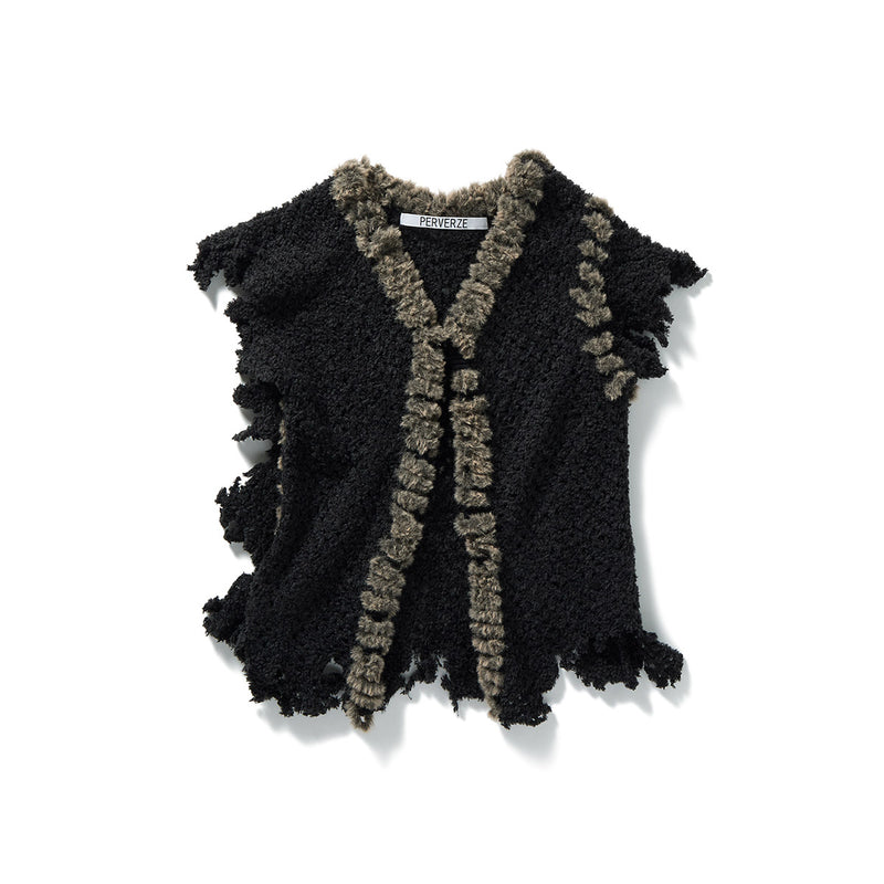 Fluffy-trim Mesh Knit Cardigan / Black