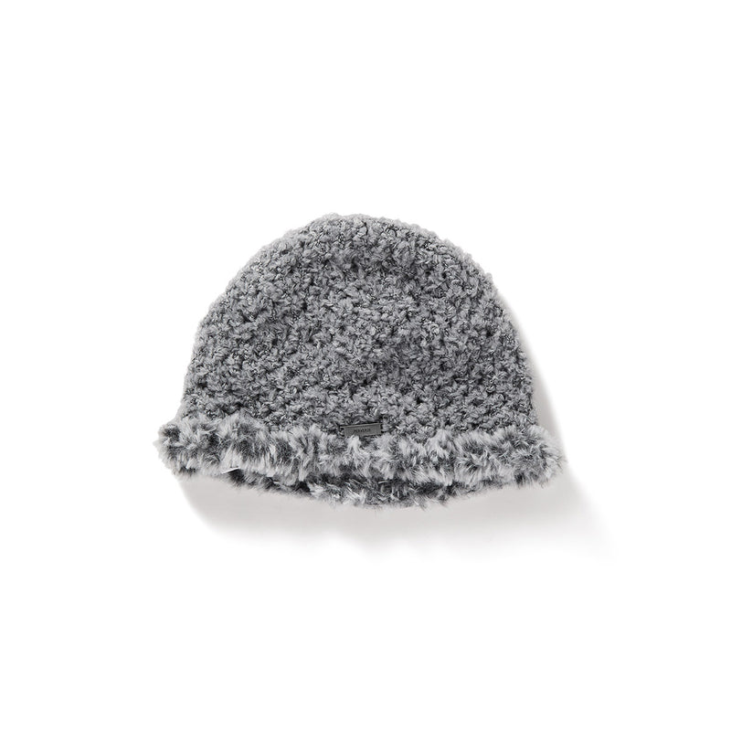 Fluffy-trim Mesh Knit Cap / Gray