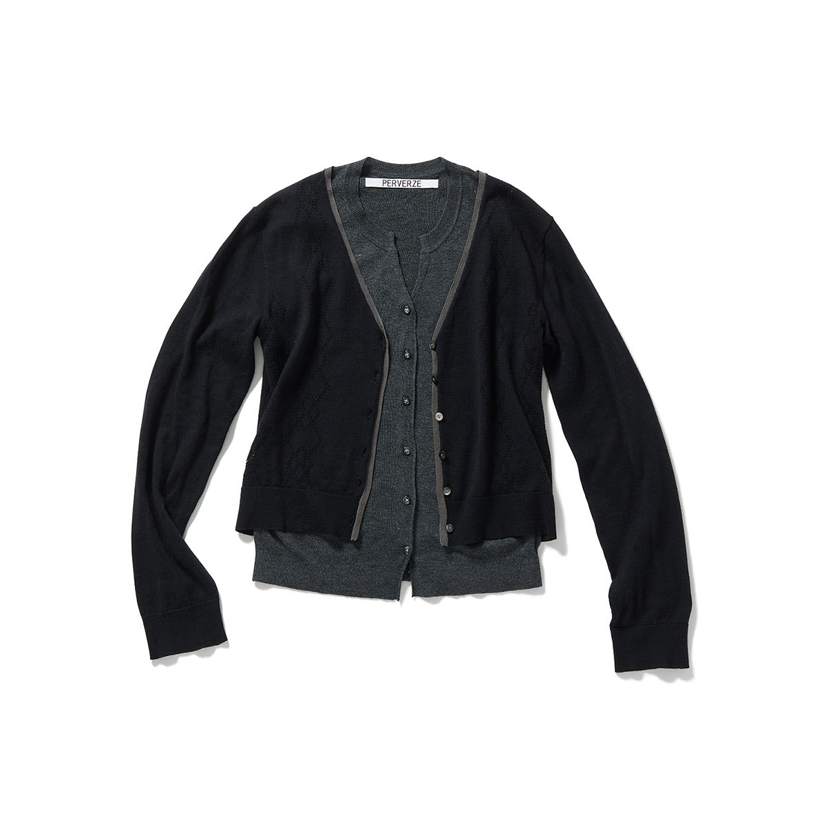 Eyelet Layered Knit Long Sleeve Top / Black
