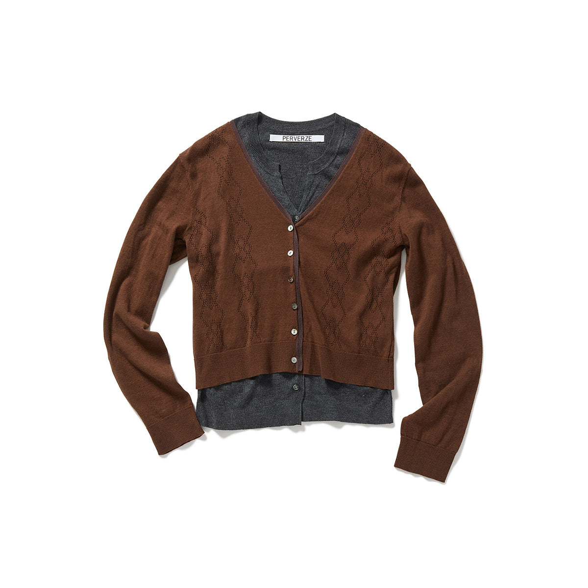 Eyelet Layered Knit Long Sleeve Top / Brown