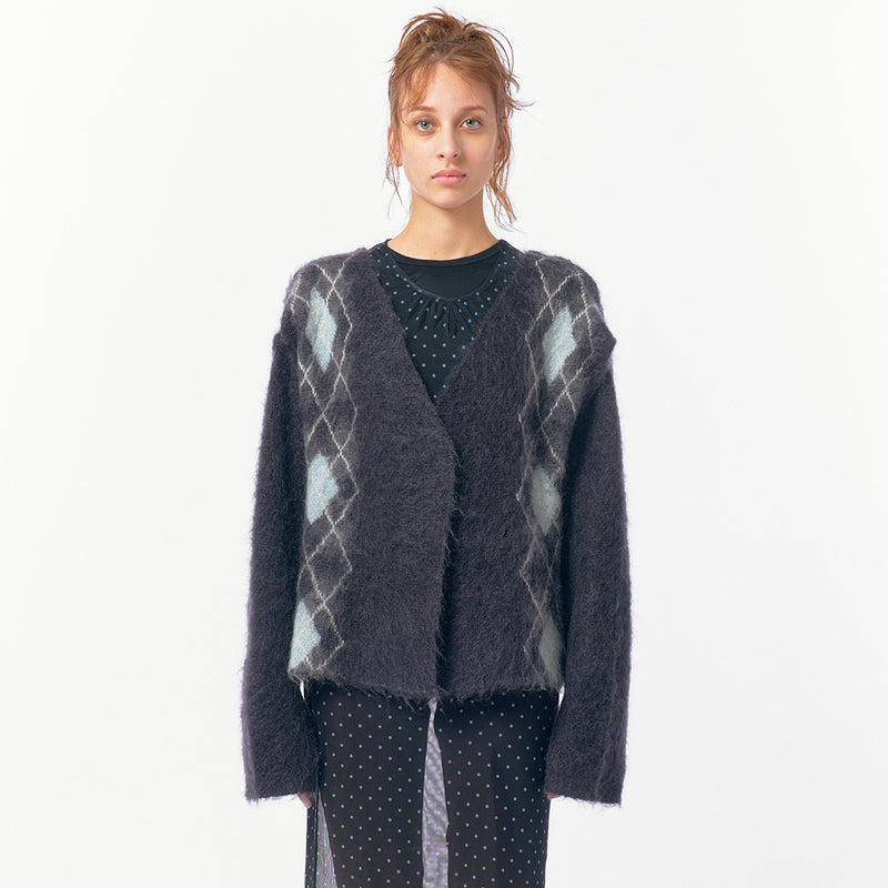 Wide Slit Argyle Line Cardigan / Gray