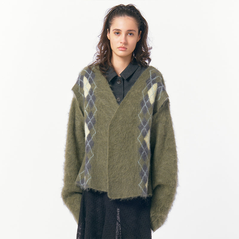 Wide Slit Argyle Line Cardigan / Khaki