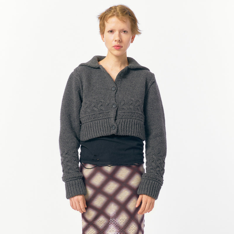 Chunky Cable Wool Knit Cardigan / Gray