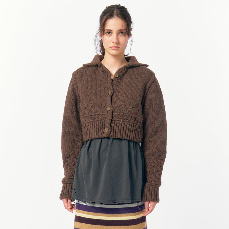 Chunky Cable Wool Knit Cardigan / Brown