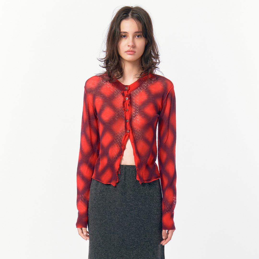 Spray-Painted Check Knit Cardigan / Red – PERVERZE