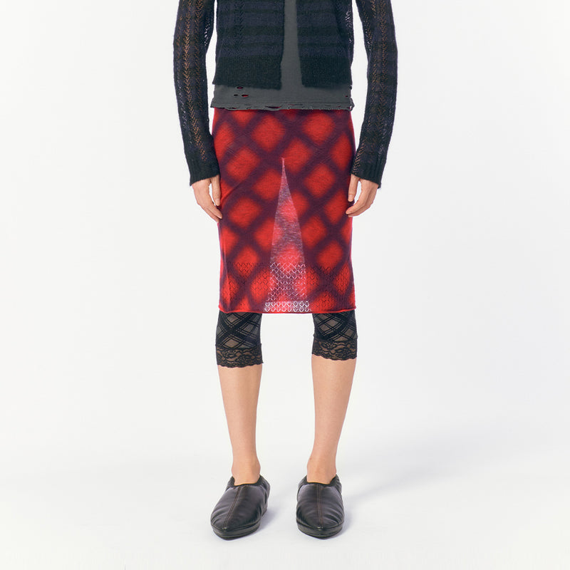Spray-Painted Check Knit Skirt / Red