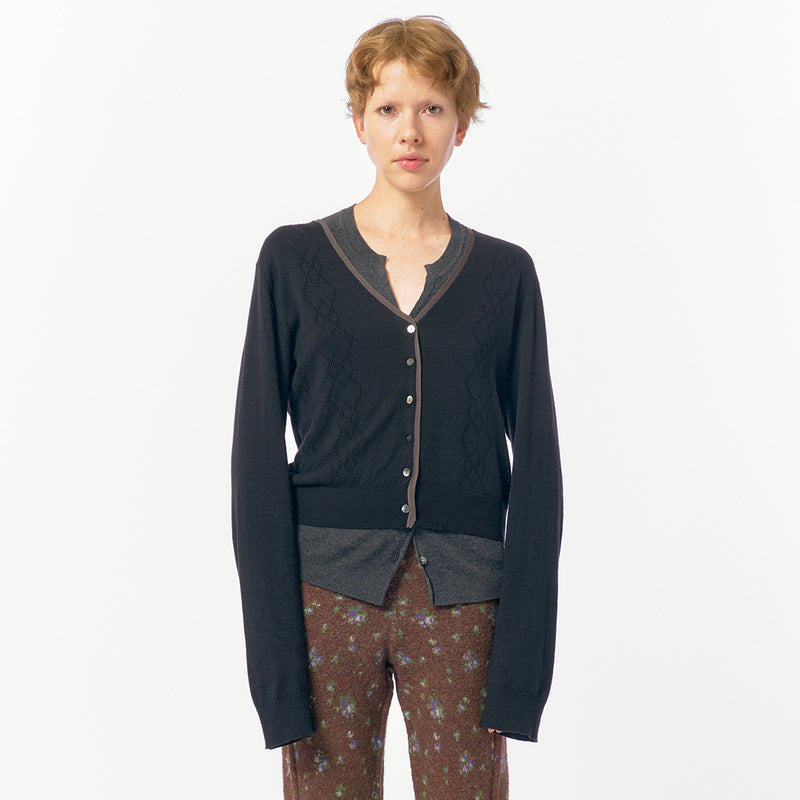 Eyelet Layered Knit Long Sleeve Top / Black