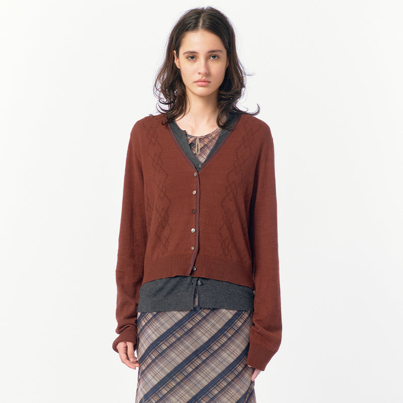 Eyelet Layered Knit Long Sleeve Top / Brown