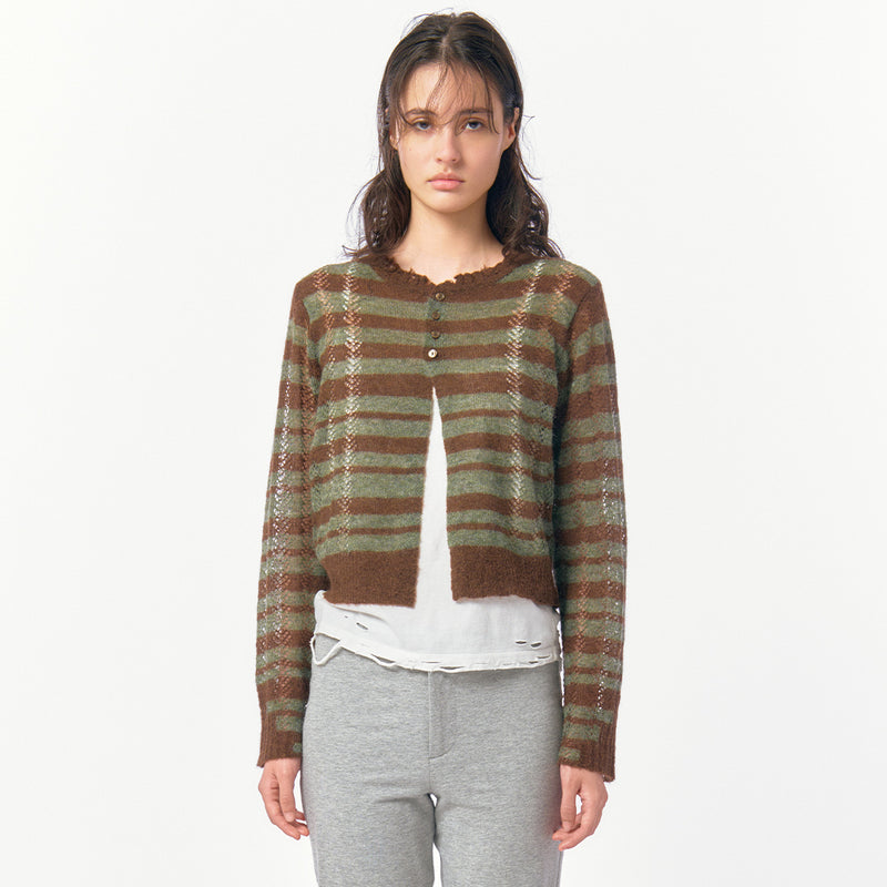 Thick Stripe Knit Cardigan / Brown