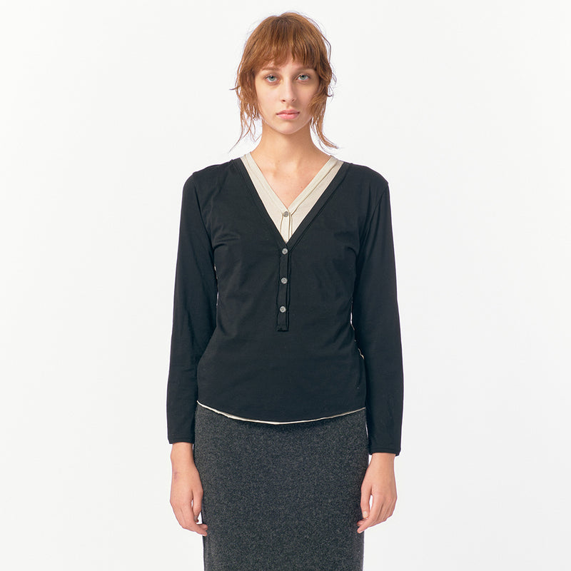 Layered Henley Long T-Shirts / Black