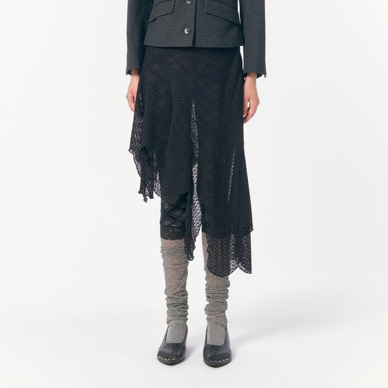Knit Lace Jagged-hem Skirt / Black