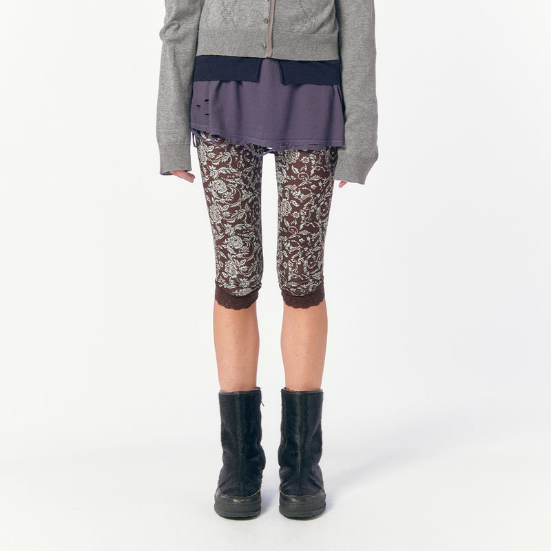 Lace-Trim Mid-Calf Shorts / Brown