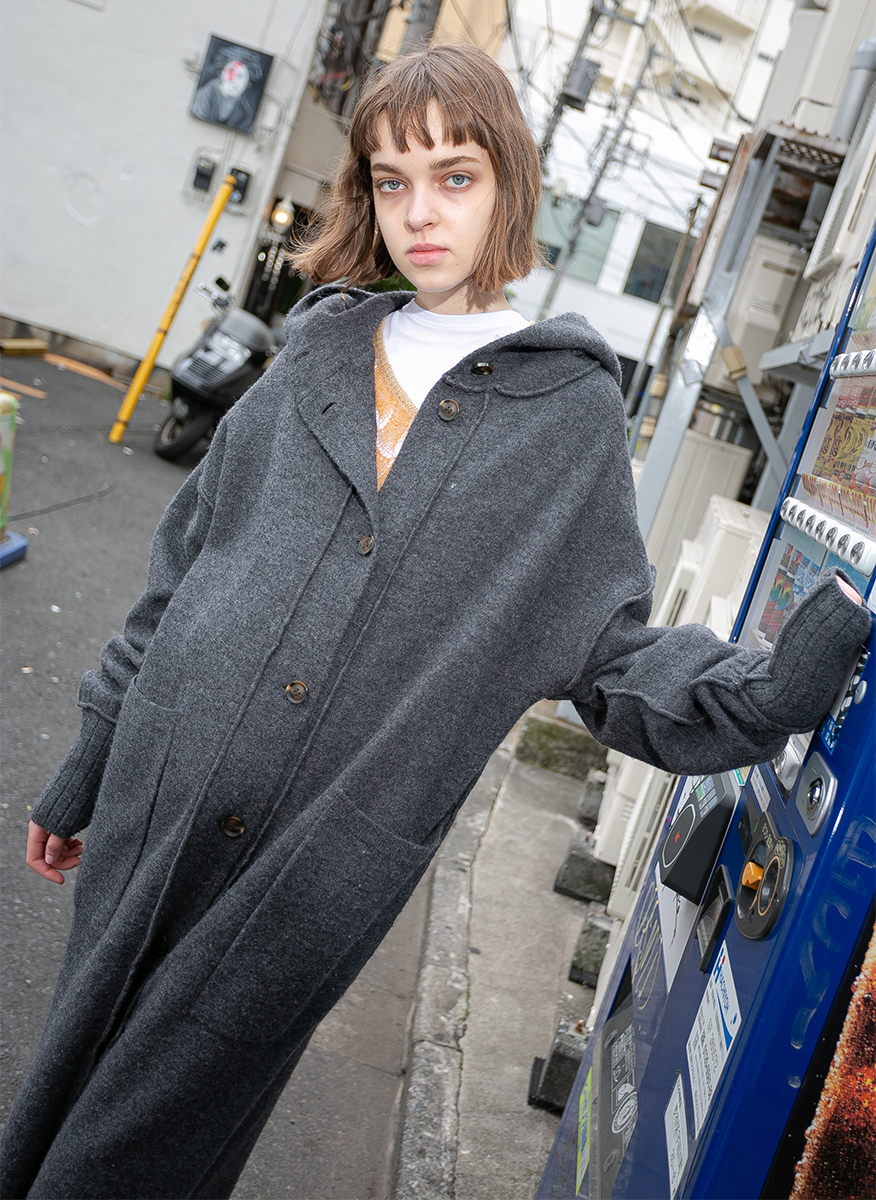 Hoodie Knit Long Coat 詳細画像 Gray 1