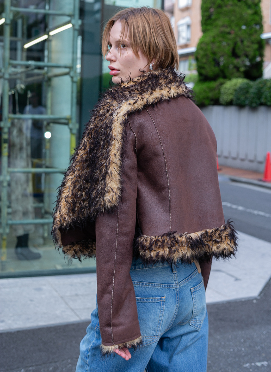 Vegan-Leather Wrap Neck Jacket 詳細画像 Brown 3