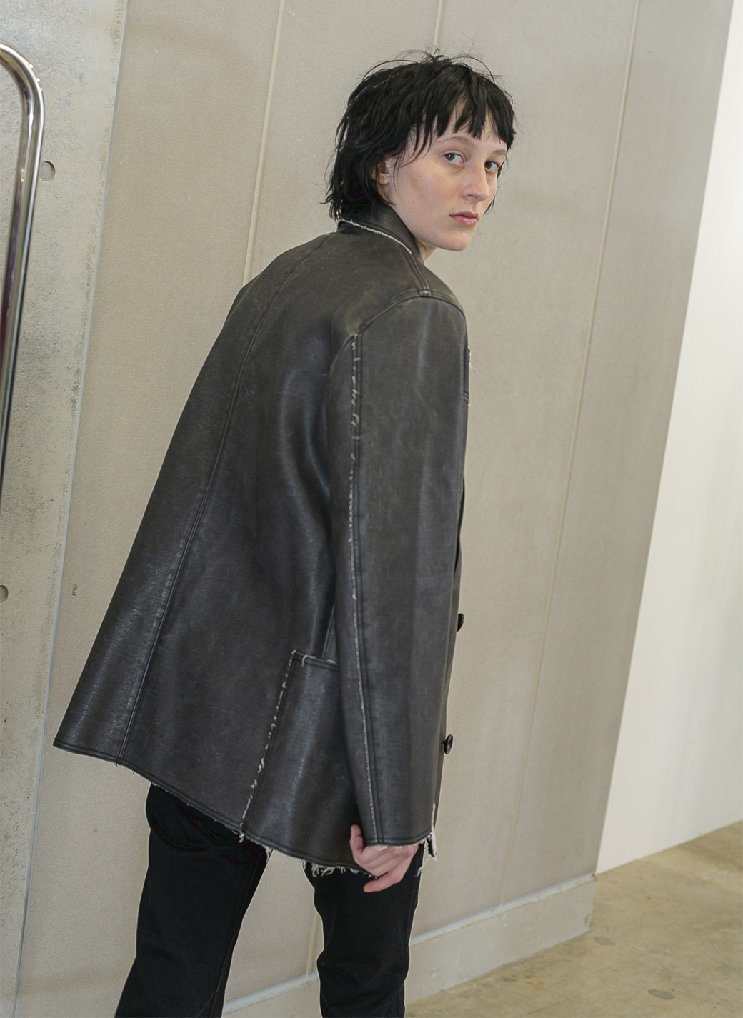 Washed Leather Flap Jacket 詳細画像 Black 3