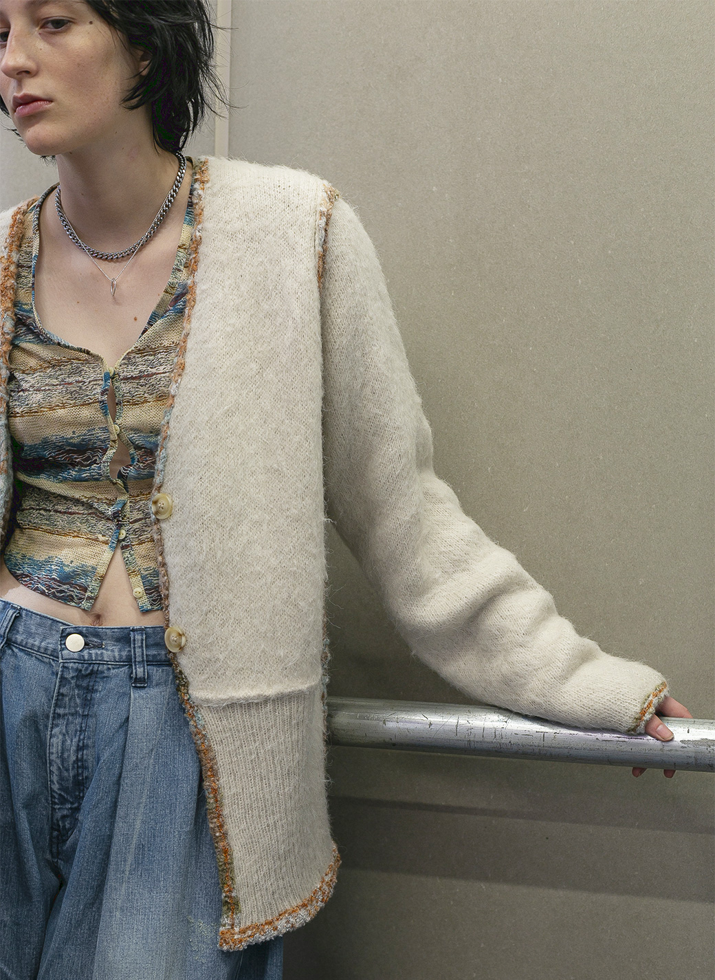 Double Face V Neck Knit Cardigan 詳細画像 White 2