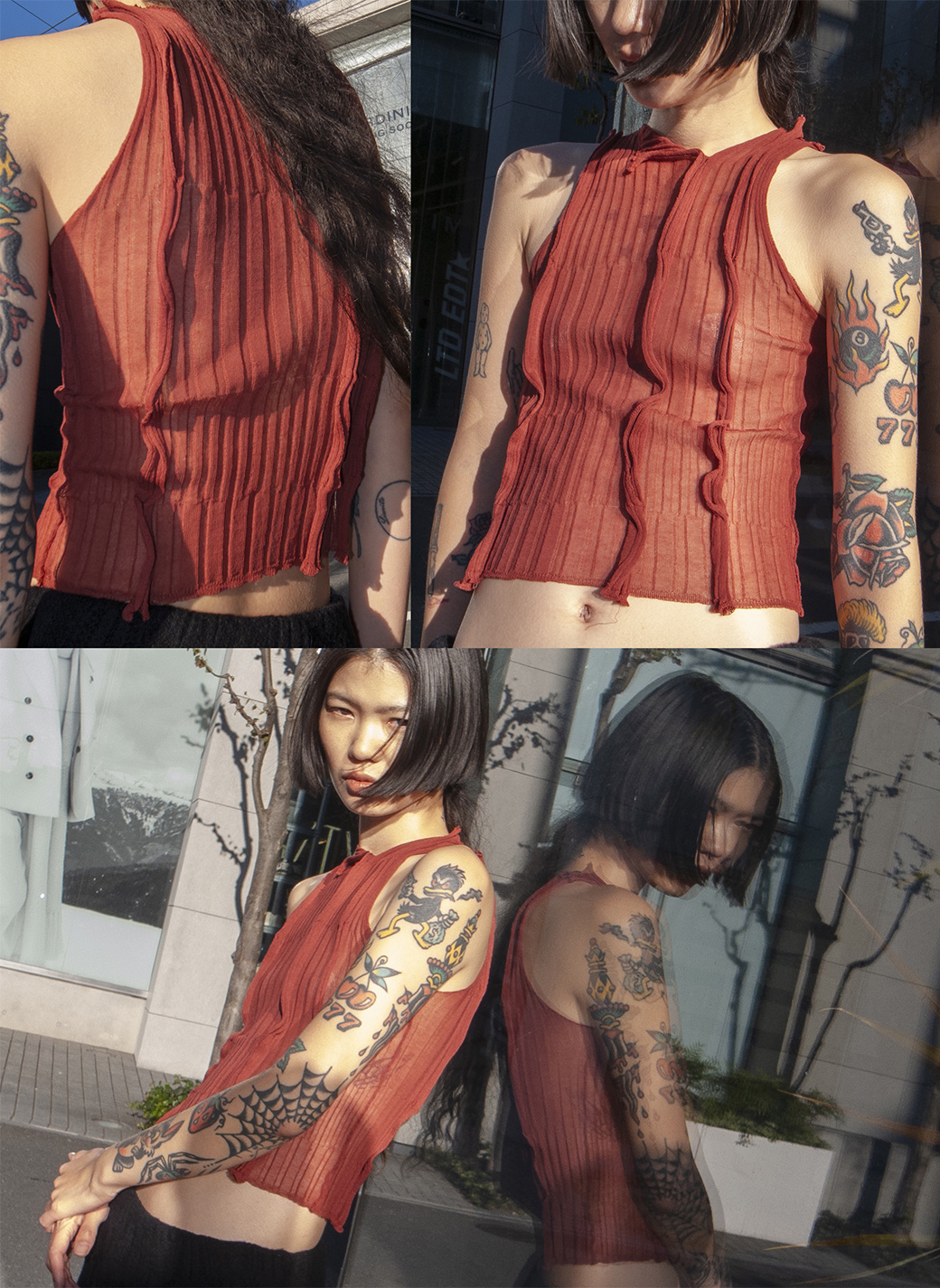 Sheer Ribbed Knit Top 詳細画像 Red 1