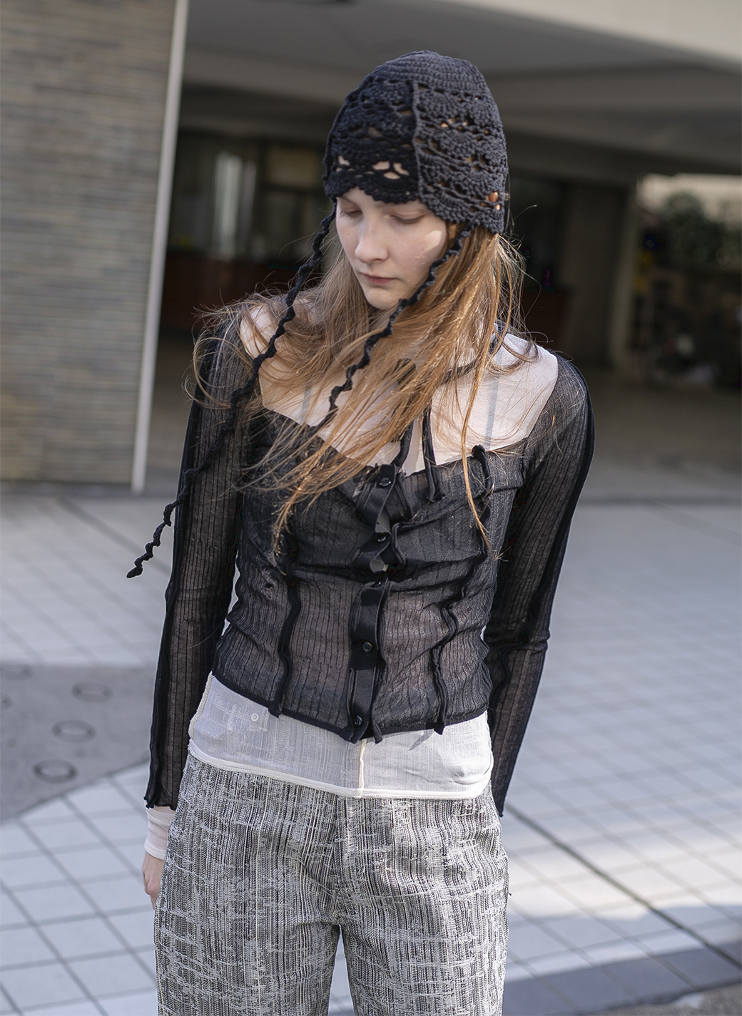 Sheer Ribbed Knit Cardigan 詳細画像 Black 1