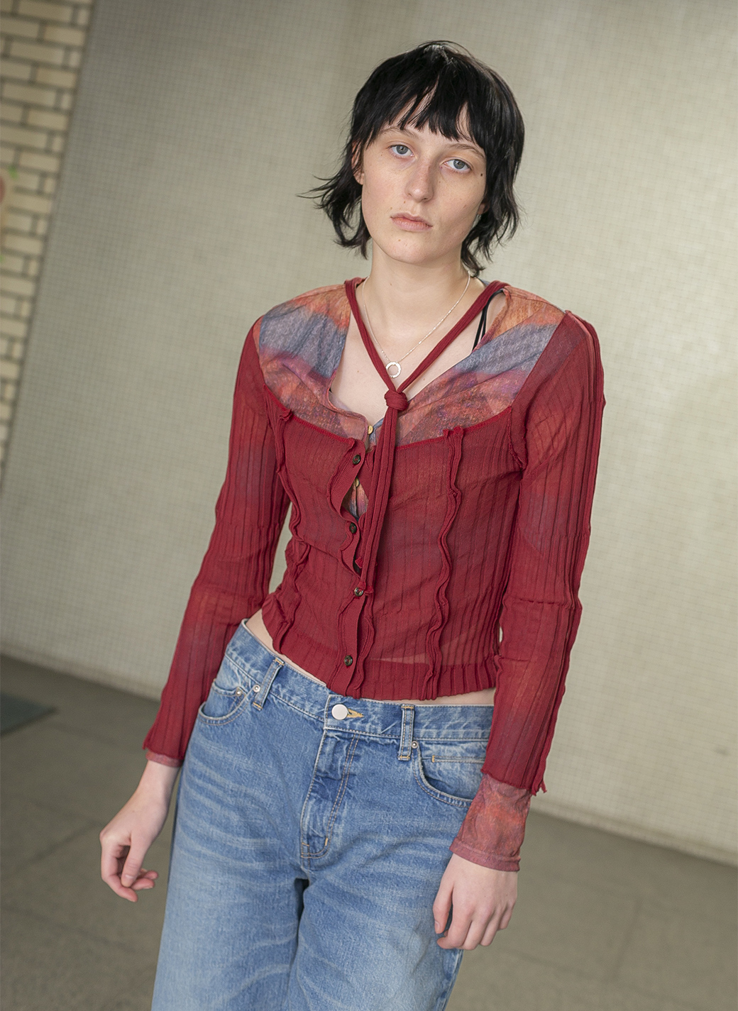 Sheer Ribbed Knit Cardigan 詳細画像 Red 1