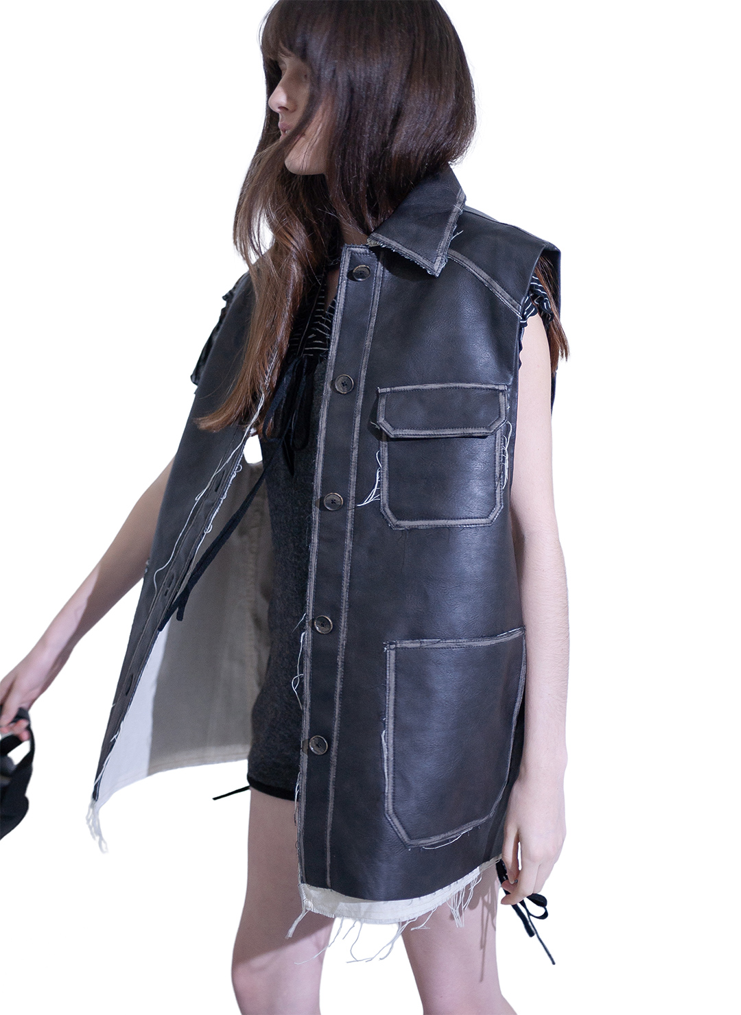 Washed Leather Vest 詳細画像 Black 3