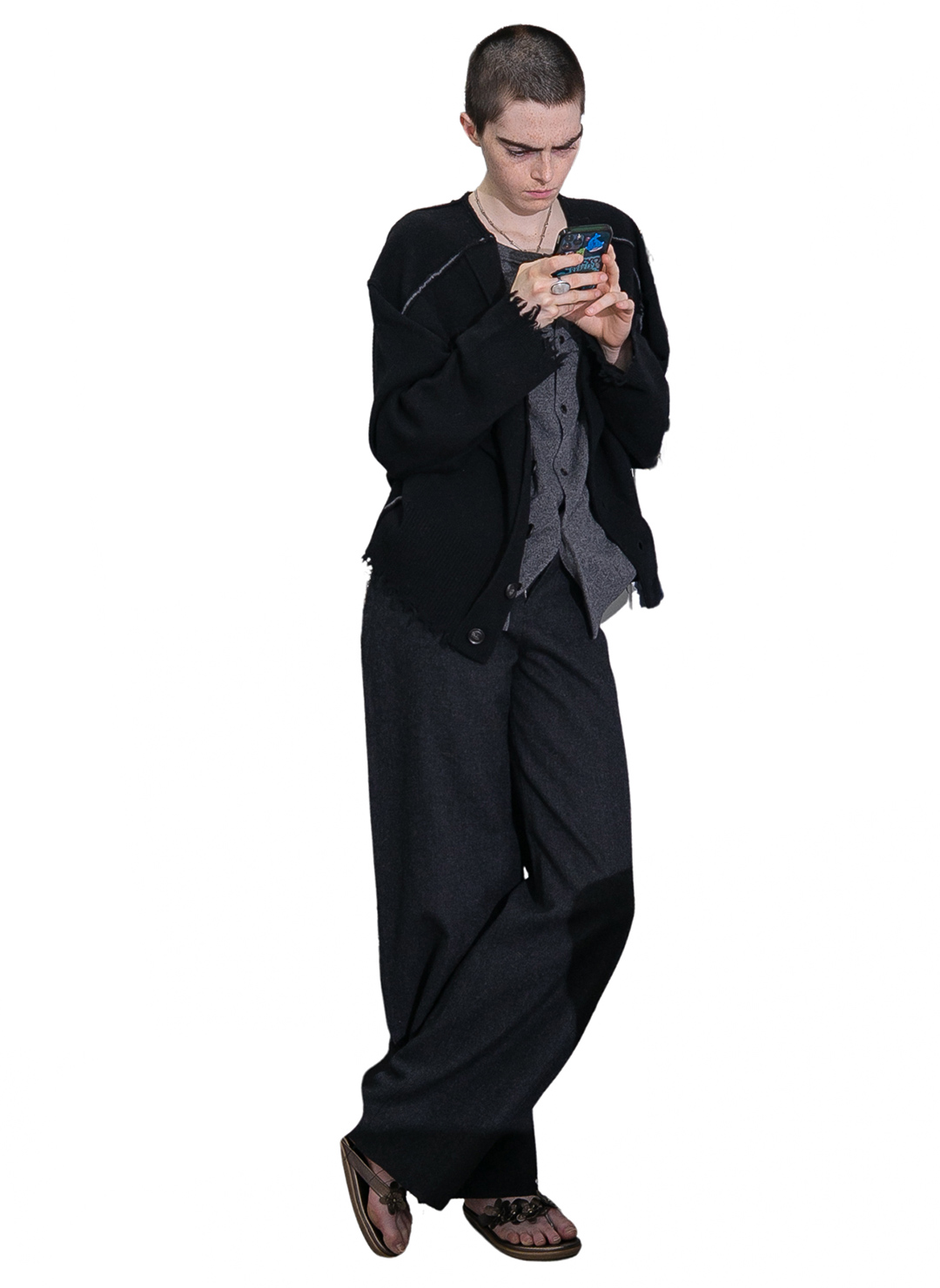 Lambs-wool Layered Knit Cardigan 詳細画像 Black 2
