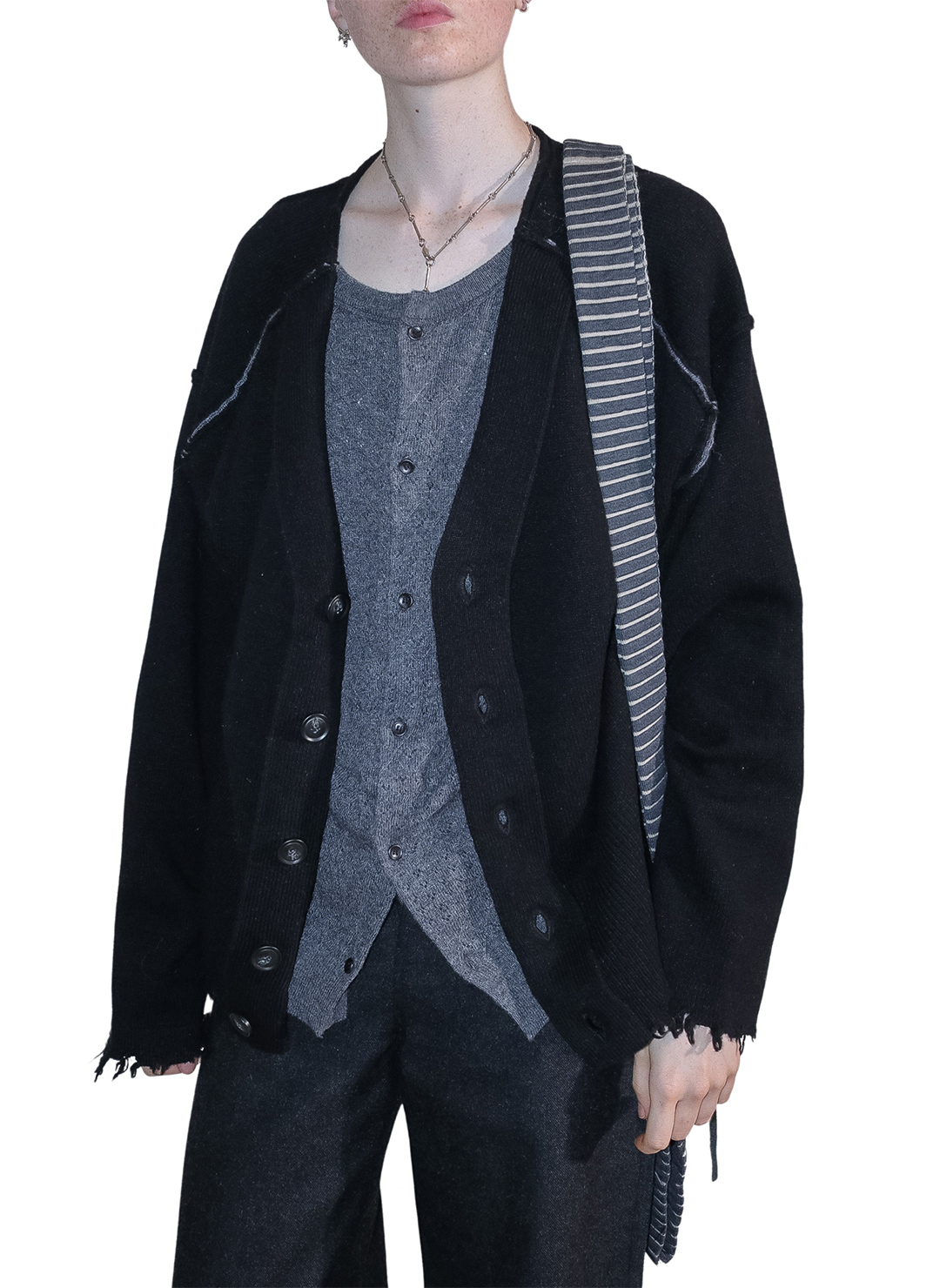Lambs-wool Layered Knit Cardigan 詳細画像 Black 3