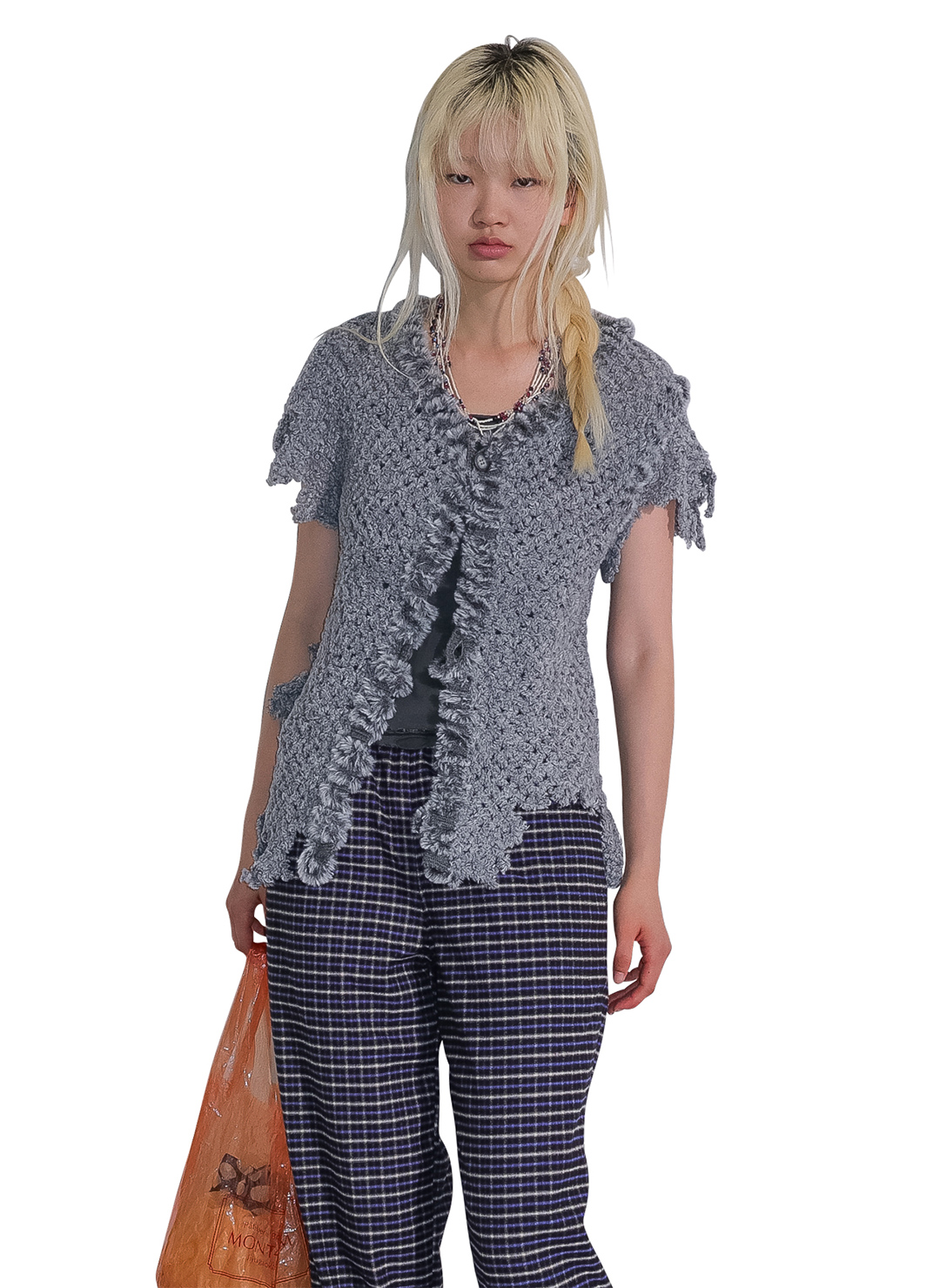 Fluffy-trim Mesh Knit Cardigan 詳細画像 Gray 1