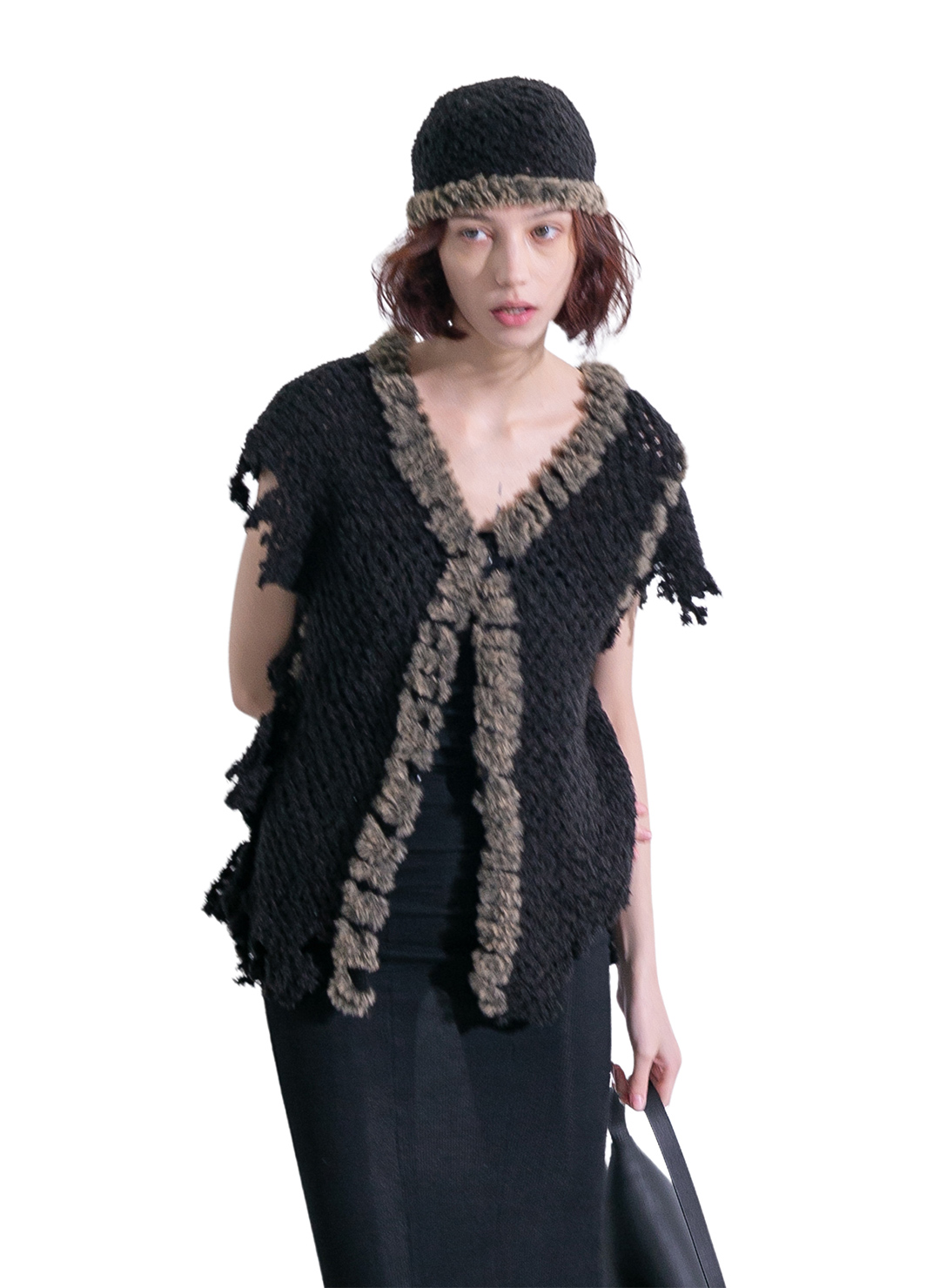 Fluffy-trim Mesh Knit Cardigan