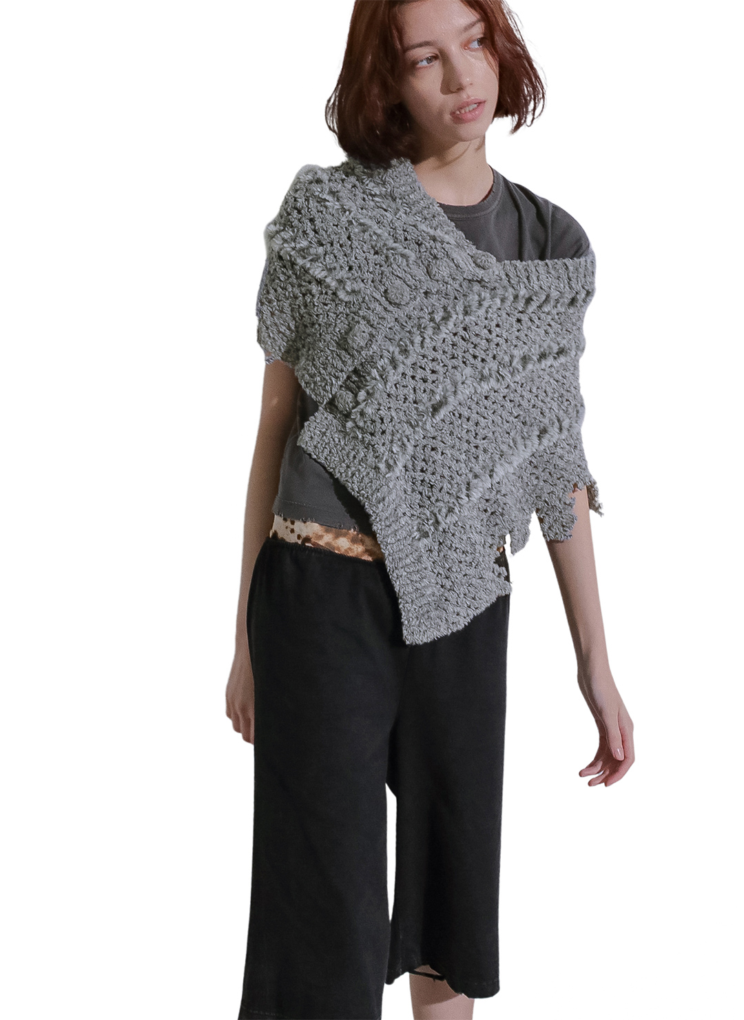 Fluffy-trim Mesh Knit Apron 詳細画像 Gray 1