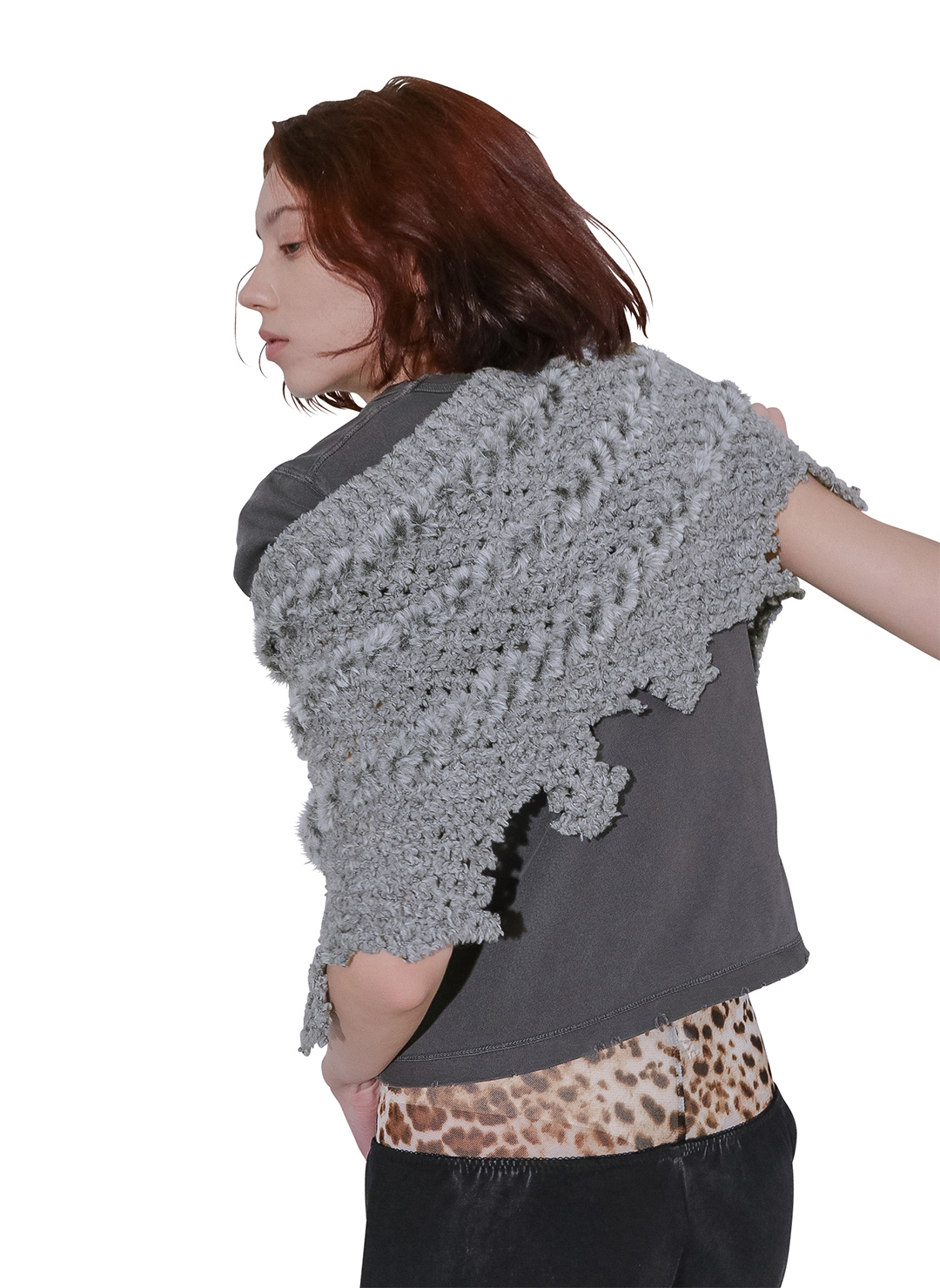 Fluffy-trim Mesh Knit Apron 詳細画像 Gray 2