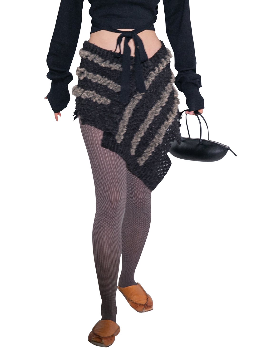 Fluffy-trim Mesh Knit Apron 詳細画像 Black 1
