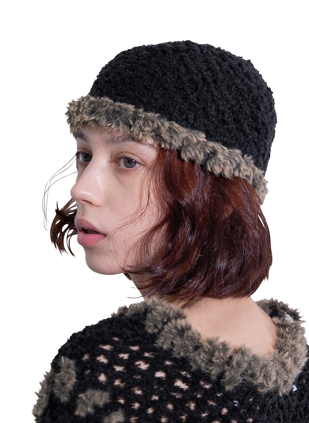 Fluffy-trim Mesh Knit Cap 詳細画像 Black 1