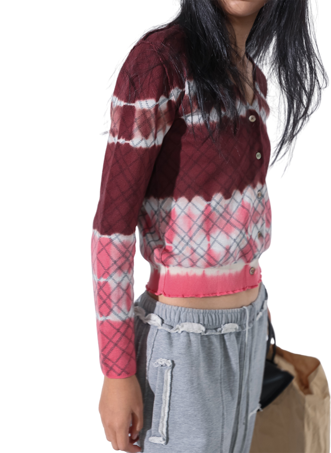 Dip-dye Check Knit Cardigan 詳細画像 Red 3