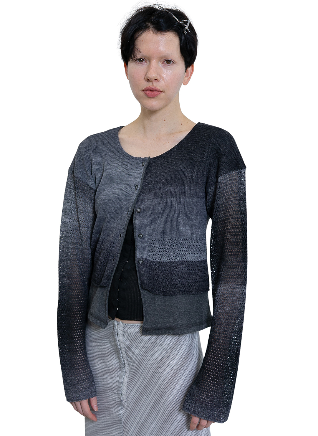 Double T-Layered Knit Cardigan 詳細画像 Gray 1