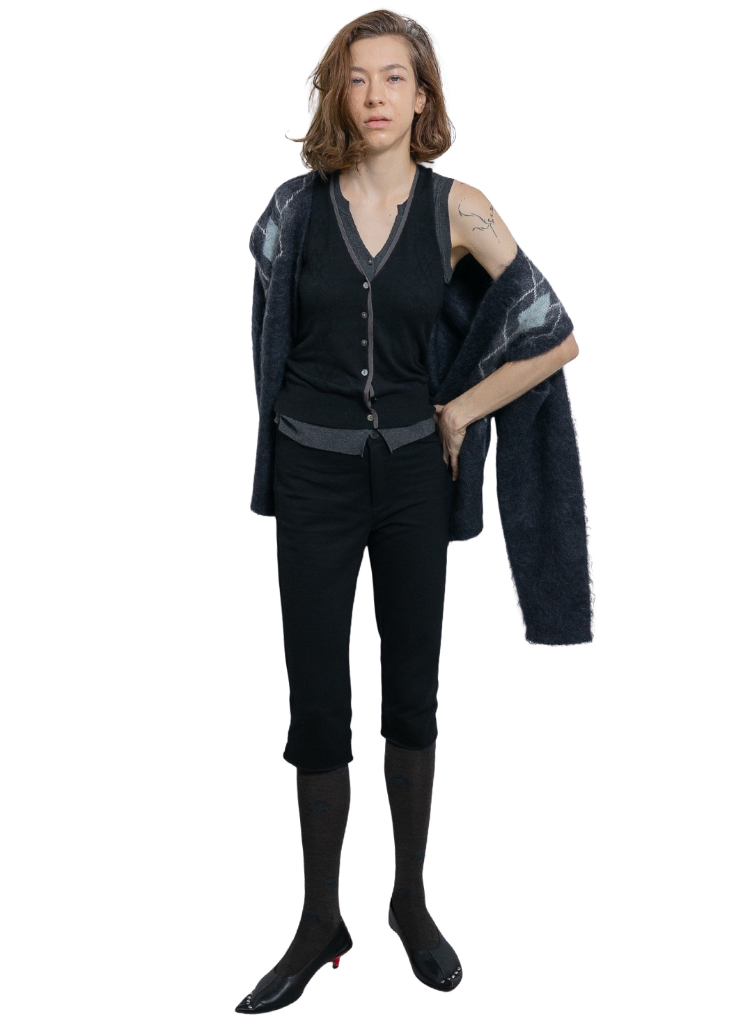 Wide Slit Argyle Line Cardigan 詳細画像 Gray 2