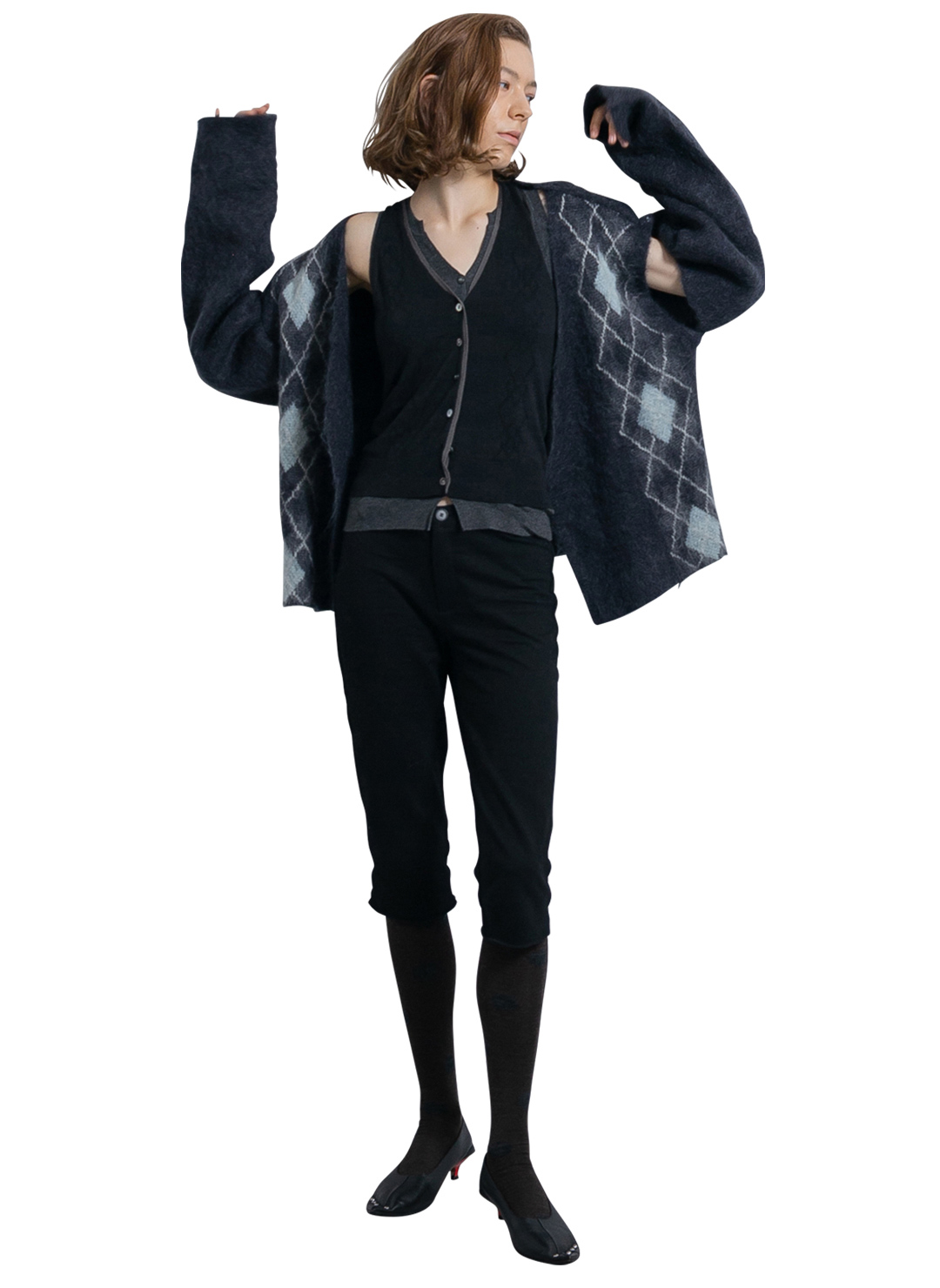 Wide Slit Argyle Line Cardigan 詳細画像 Gray 3