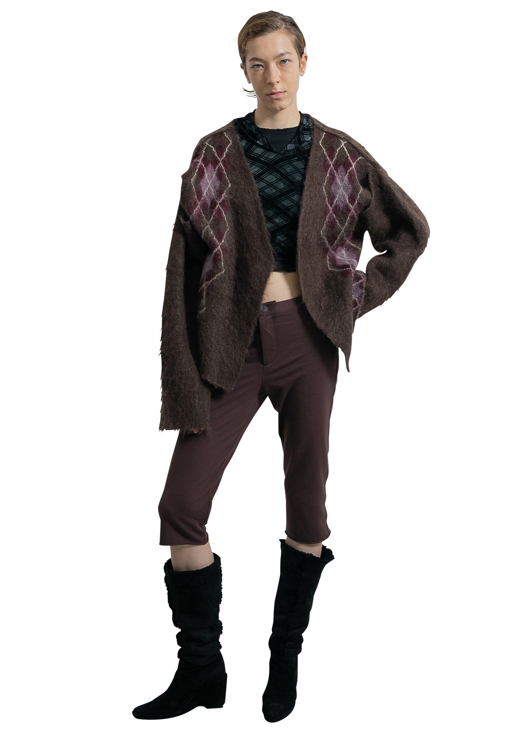 Wide Slit Argyle Line Cardigan 詳細画像 Brown 2