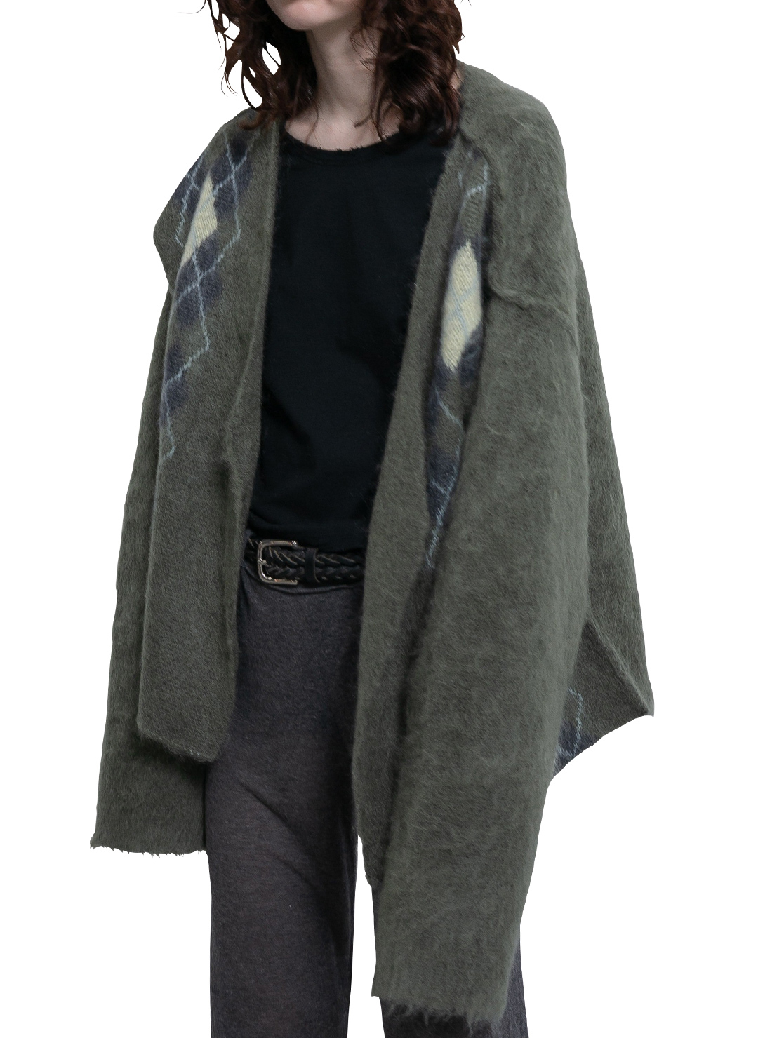Wide Slit Argyle Line Cardigan 詳細画像 Khaki 1
