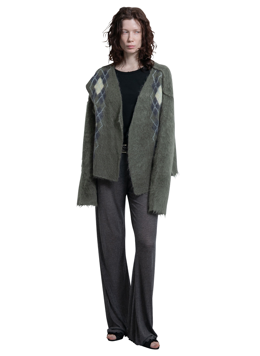 Wide Slit Argyle Line Cardigan 詳細画像 Khaki 2