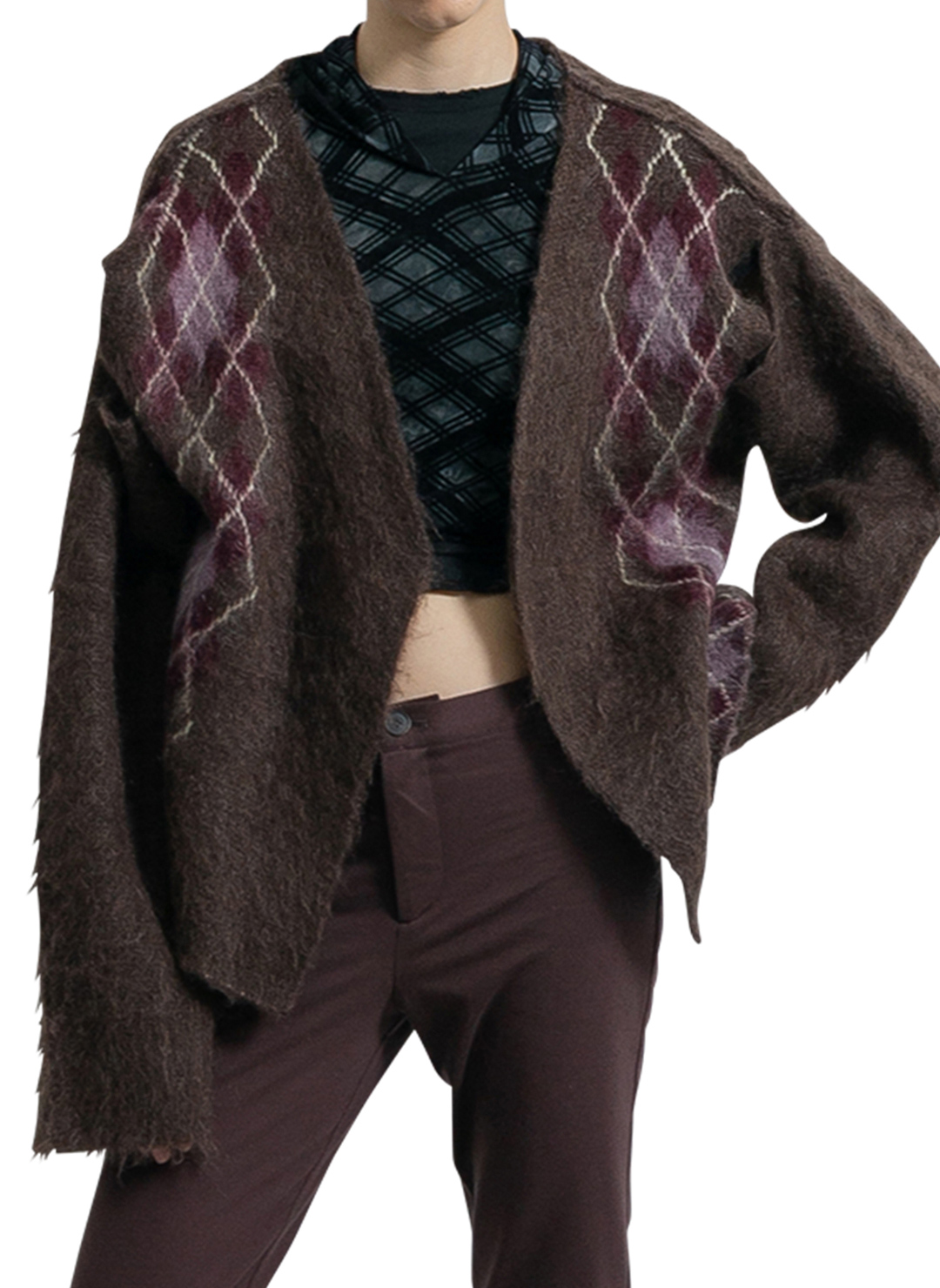 Wide Slit Argyle Line Cardigan