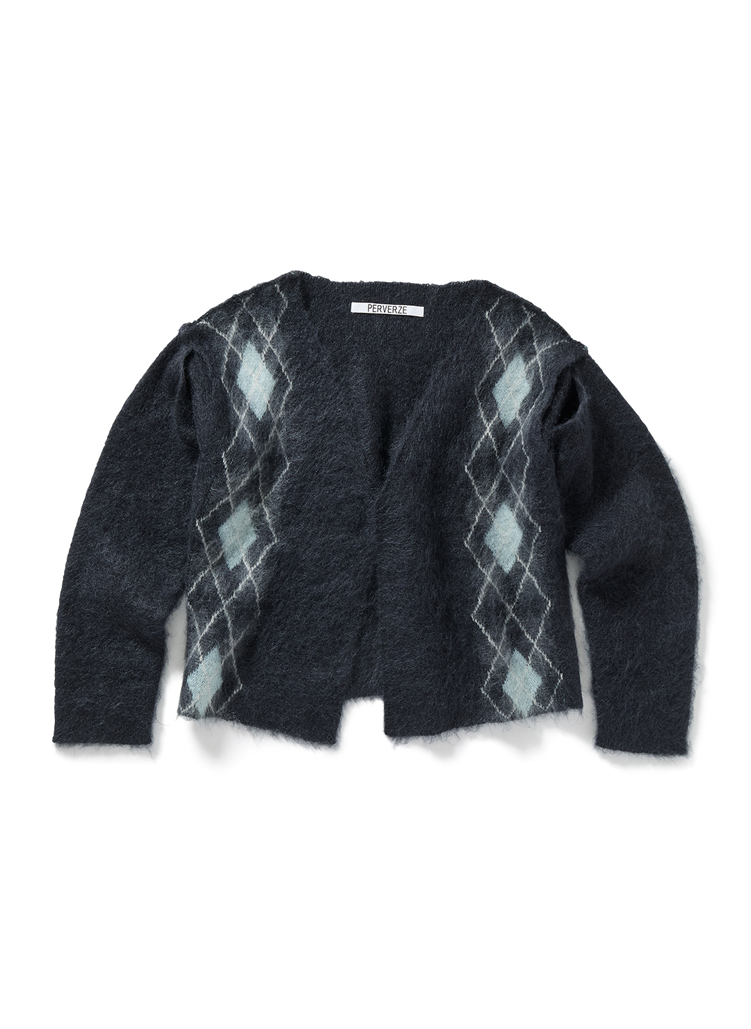 Wide Slit Argyle Line Cardigan 詳細画像 Gray 1