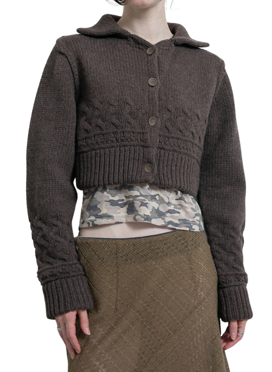Chunky Cable Wool Knit Cardigan 詳細画像 Brown 1