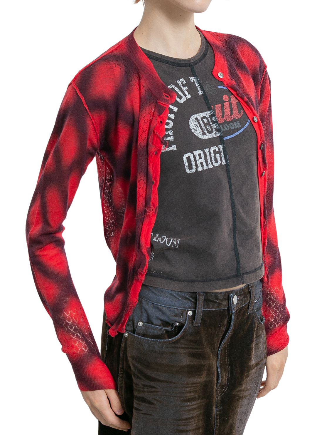 Spray-Painted Check Knit Cardigan 詳細画像 Red 2