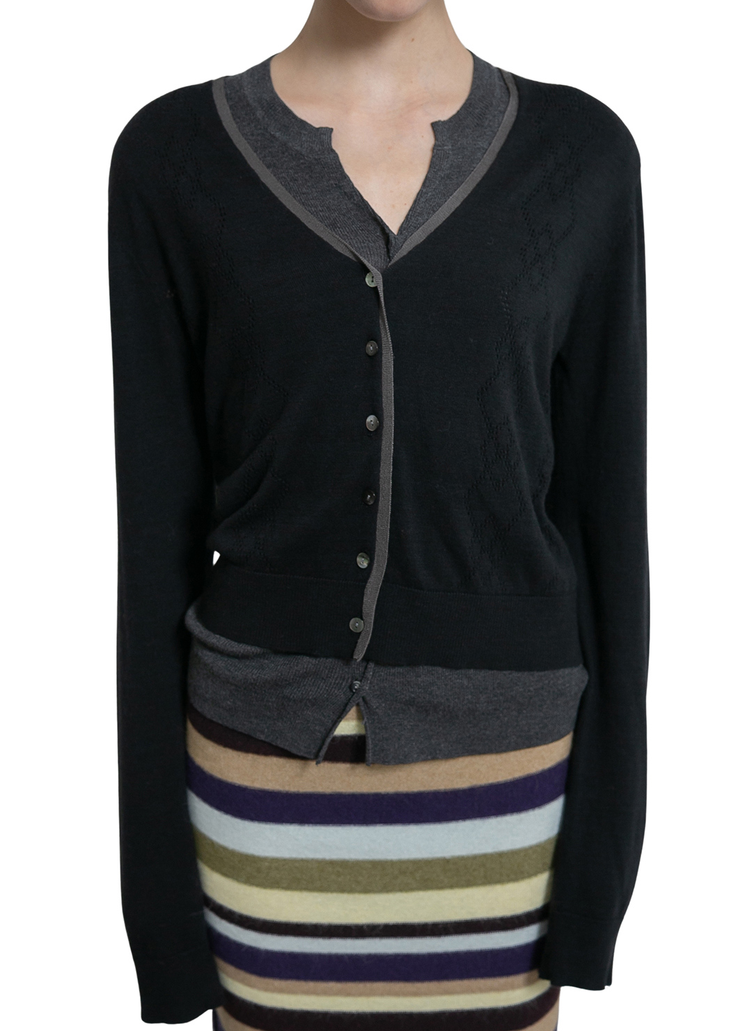 Eyelet Layered Knit Long Sleeve Top  詳細画像 Black 1