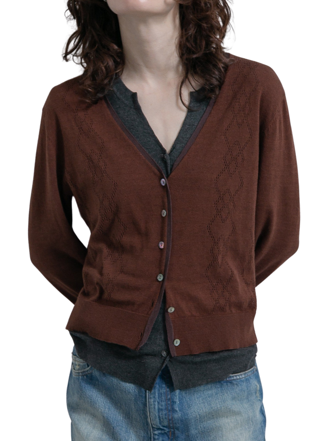 Eyelet Layered Knit Long Sleeve Top  詳細画像 Brown 2
