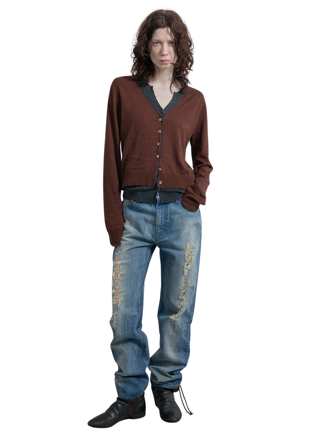 Eyelet Layered Knit Long Sleeve Top  詳細画像 Brown 3