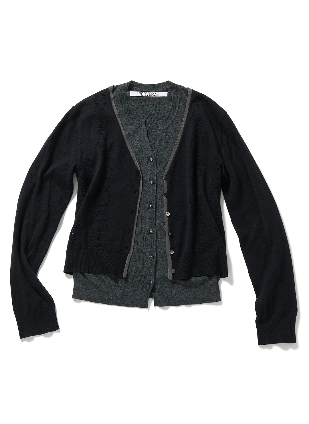 Eyelet Layered Knit Long Sleeve Top  詳細画像 Black 1